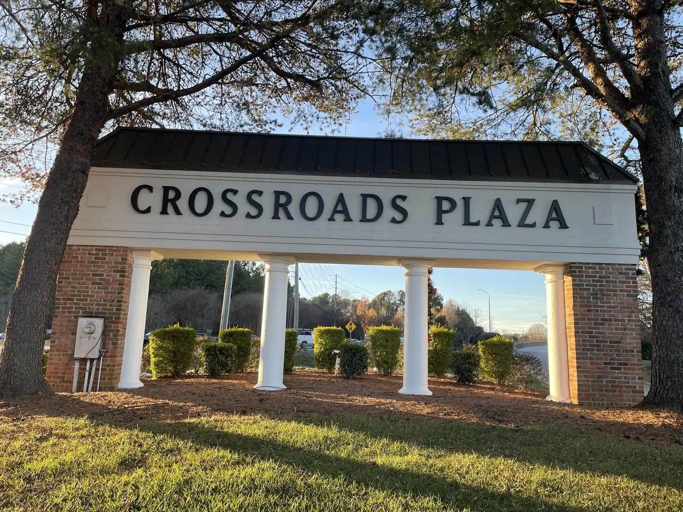 The Crossroads Plaza sign on the shopping center's grounds in Cary.