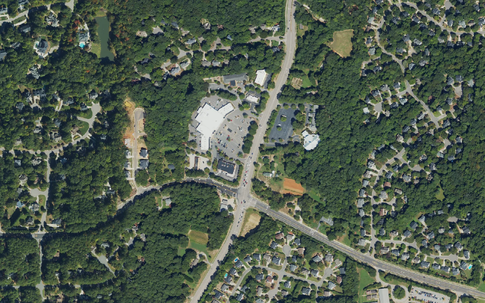 Neighborhoods along Kildaire Farm Road in southern Cary, seen from above.