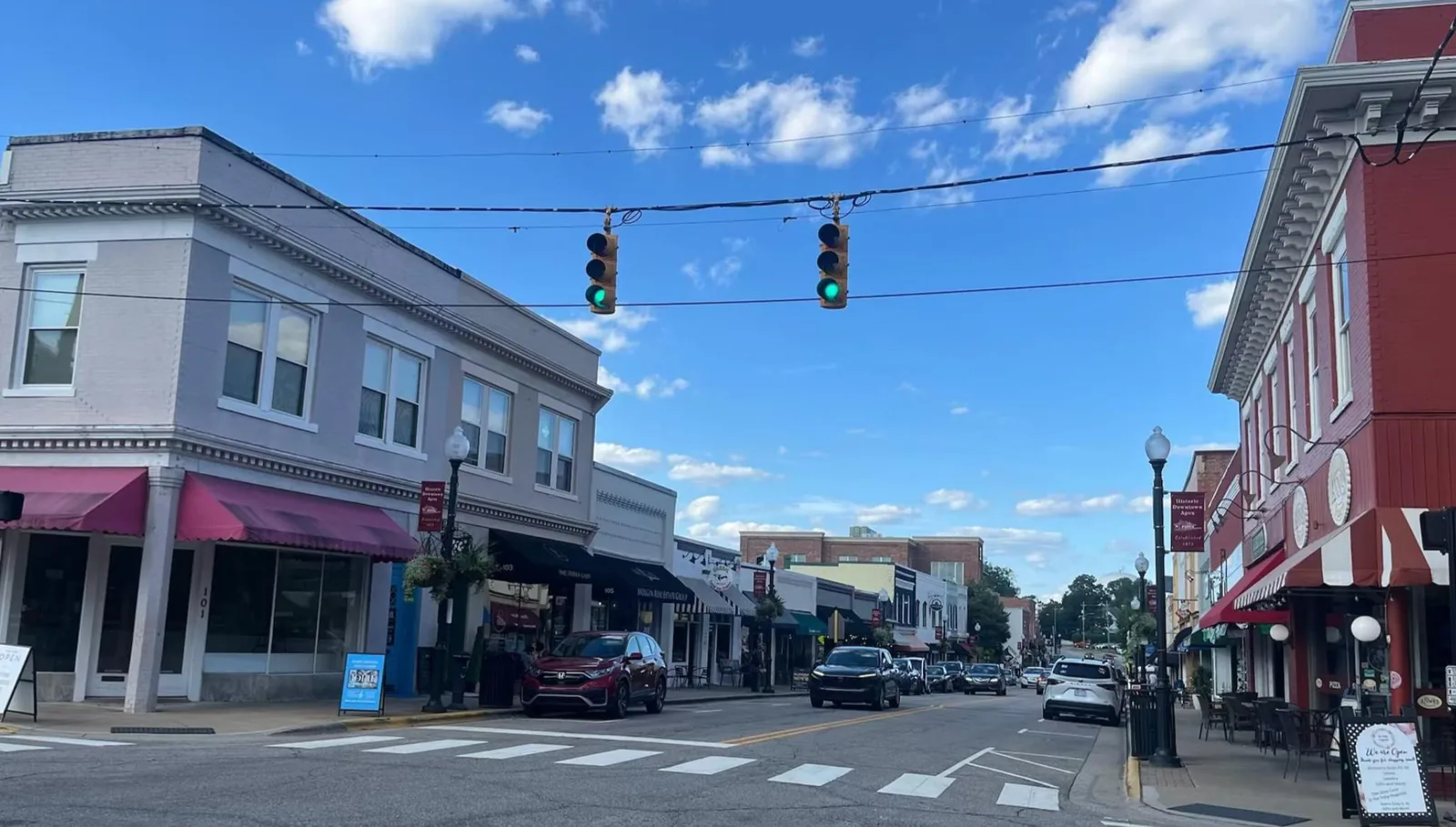 Storefronts and a crosswalk in downtown Apex, about five miles southwest of Cary