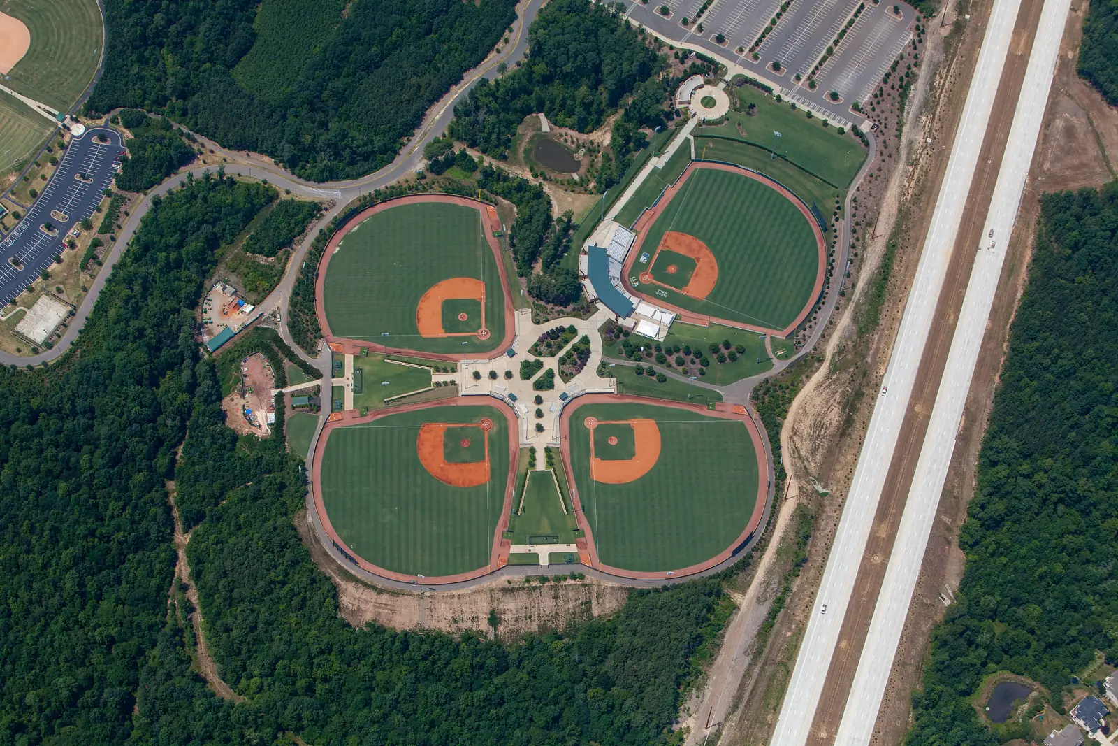 An aerial view of the four-field cloverleaf at the USA Baseball National Training Complex in Cary, home of the town's Easter egg hunt.