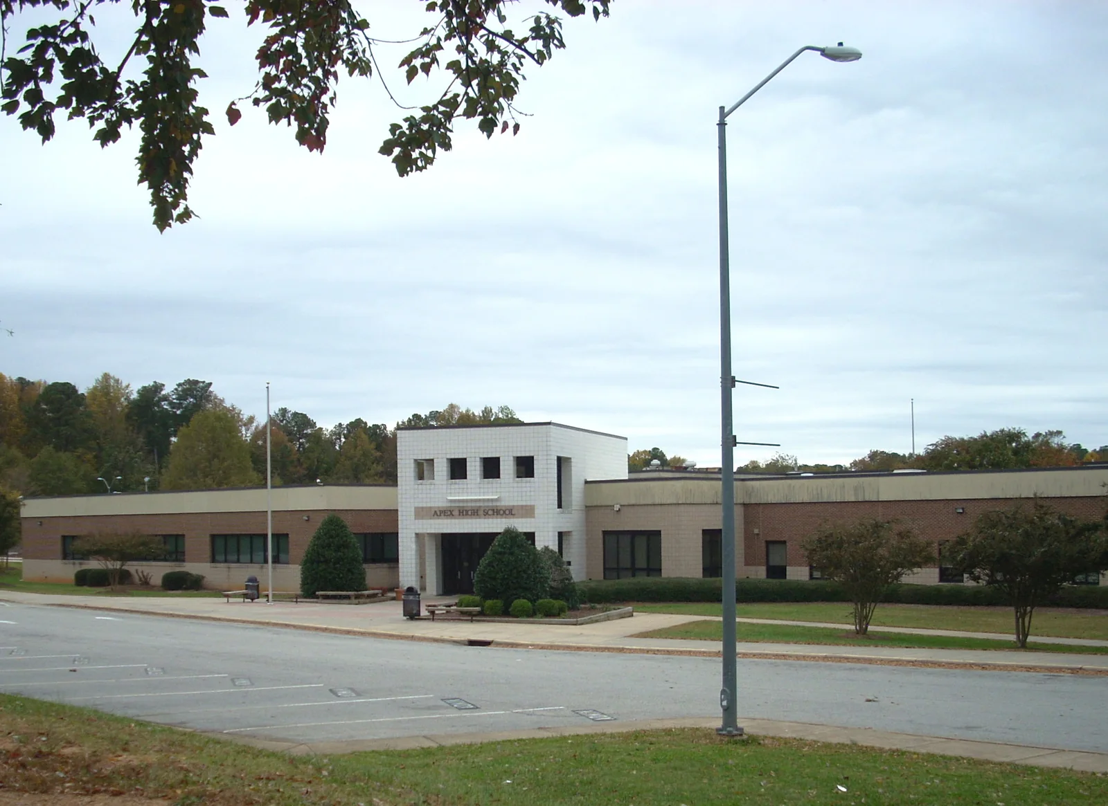 The front entrance of Apex High School on Laura Duncan Road in Apex
