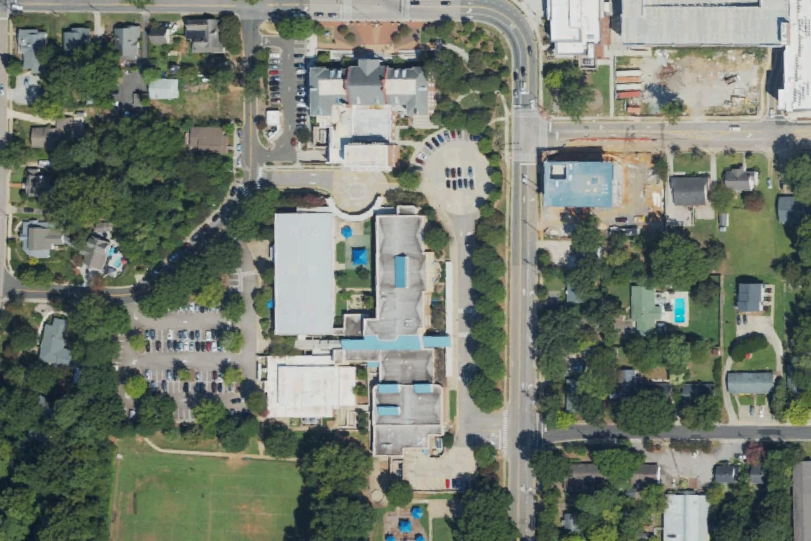Cary Elementary School's buildings and field near Kildaire Farm Road in downtown Cary, seen from the air