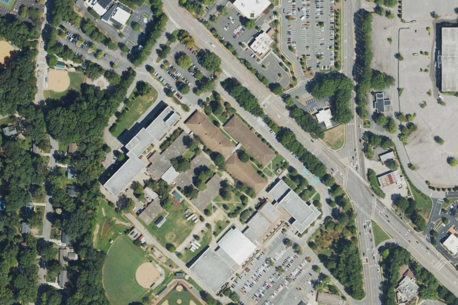 Cary High School's buildings and ball fields along Walnut Street, seen from the air