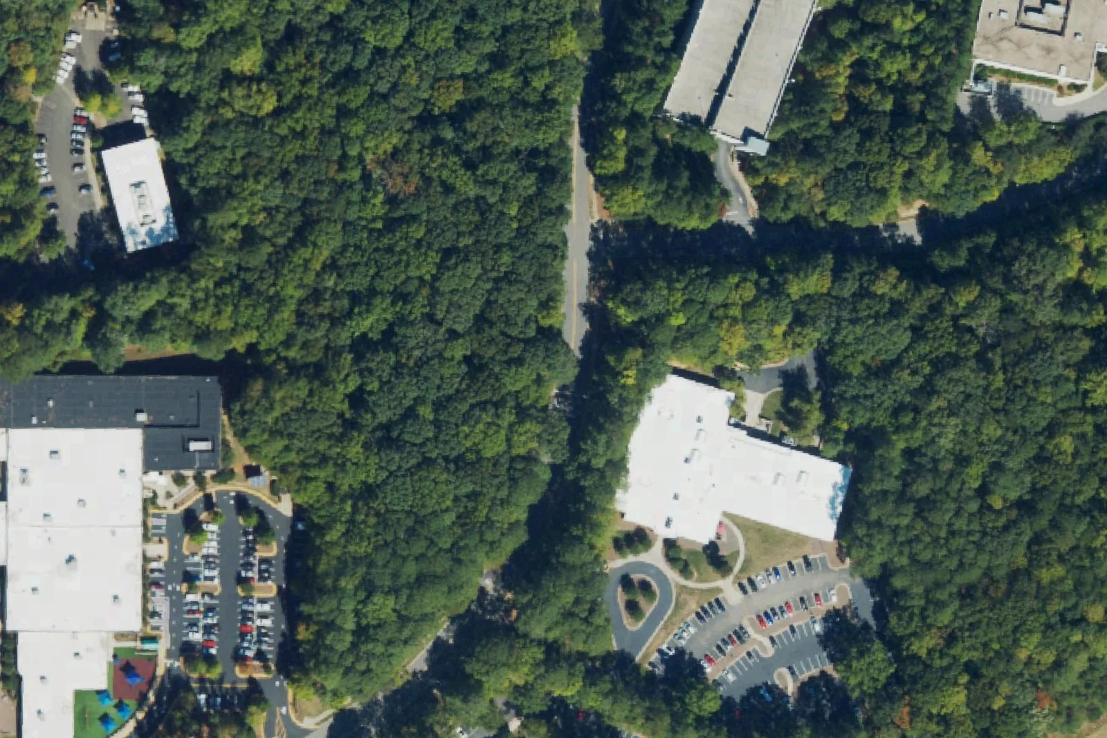 School and office buildings along Gregson Drive, where Triangle Math and Science Academy has its Cary campus, seen from the air