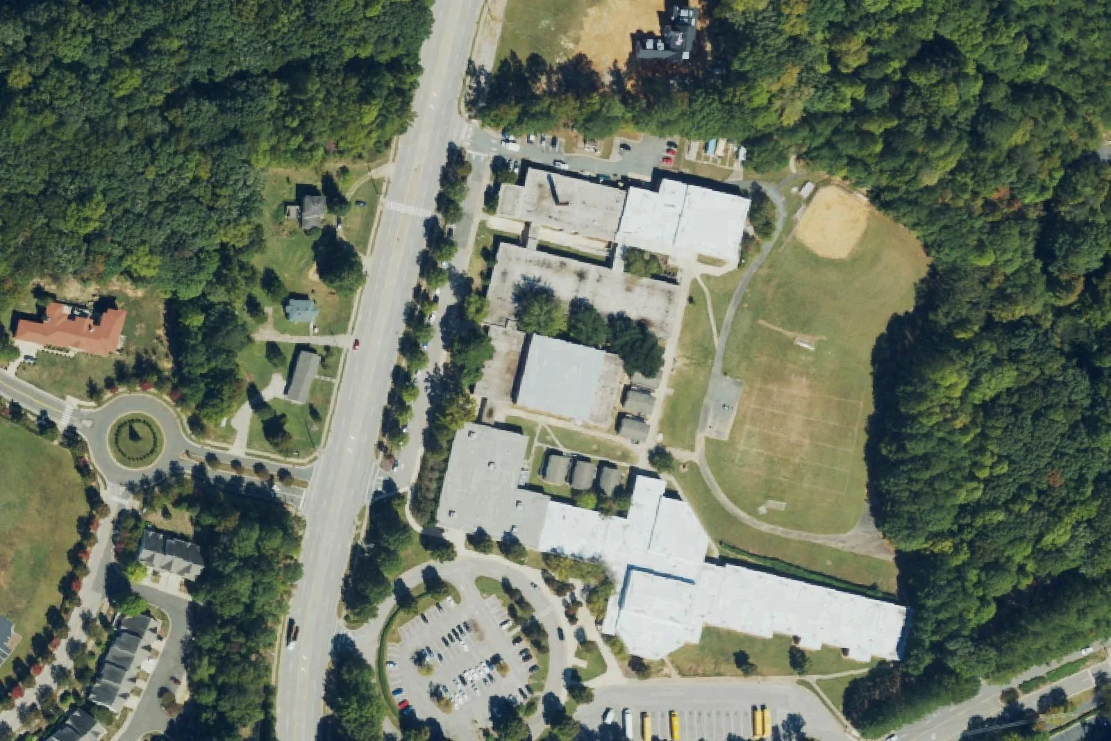 West Cary Middle School's buildings and athletic field on Evans Road, seen from the air