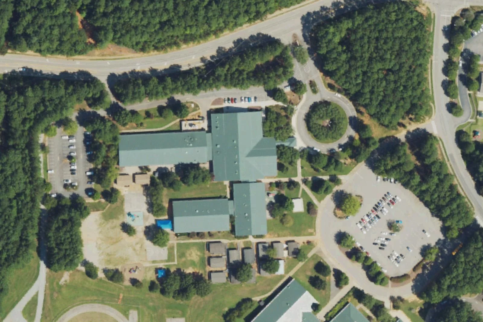 West Lake Elementary School's green-roofed building on the West Lake Road campus, seen from the air