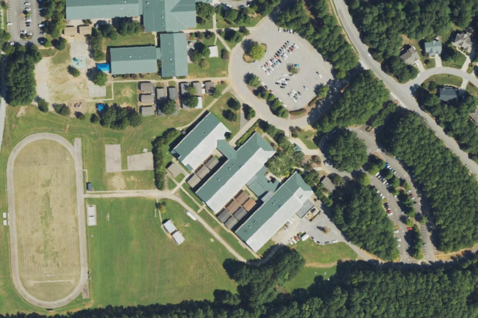 West Lake Middle School's wings, track and field on the West Lake Road campus, seen from the air