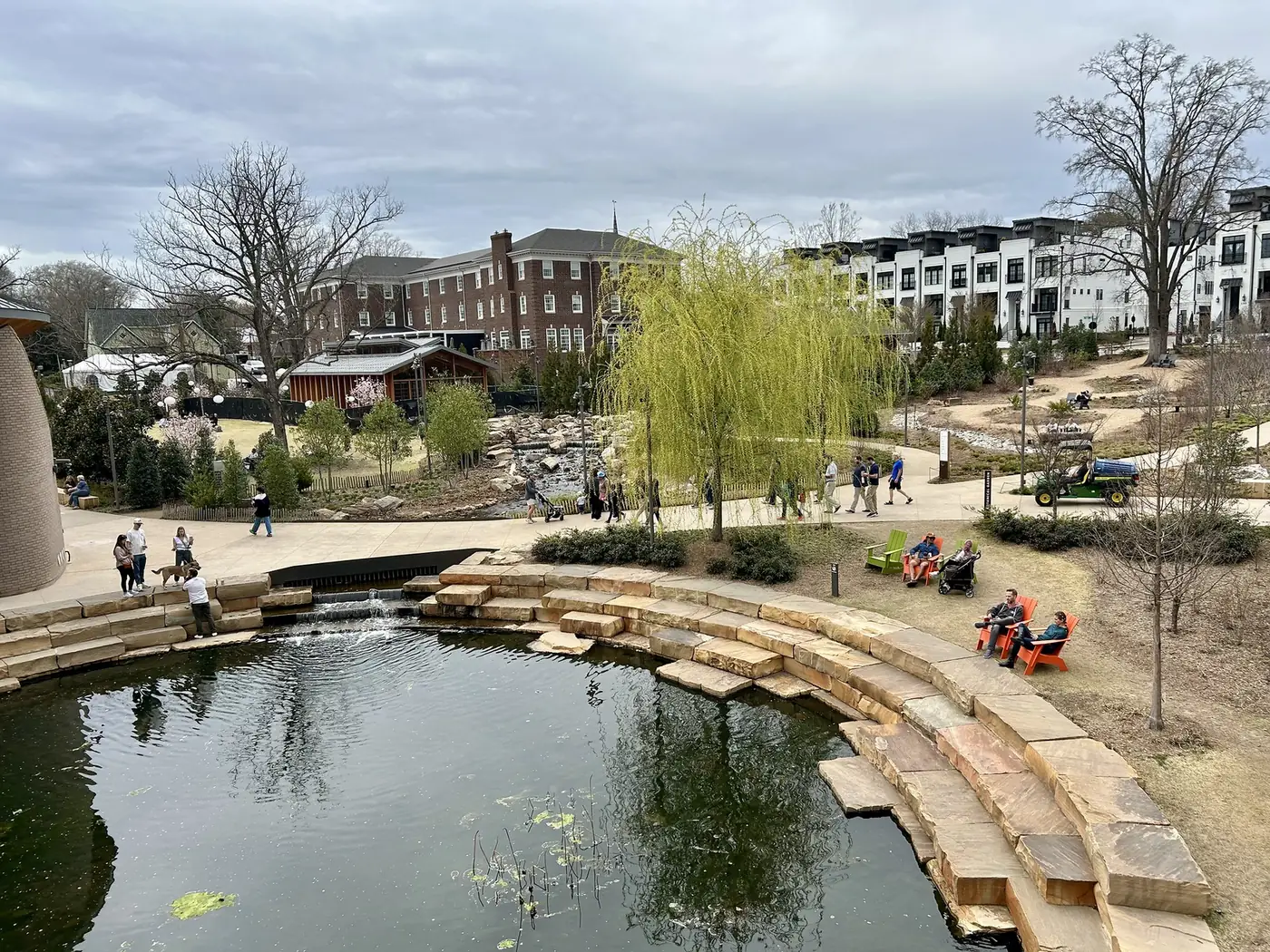 The pond and lawns at Downtown Cary Park, which runs a self-guided Turkey Leg Day fitness circuit over Thanksgiving week.